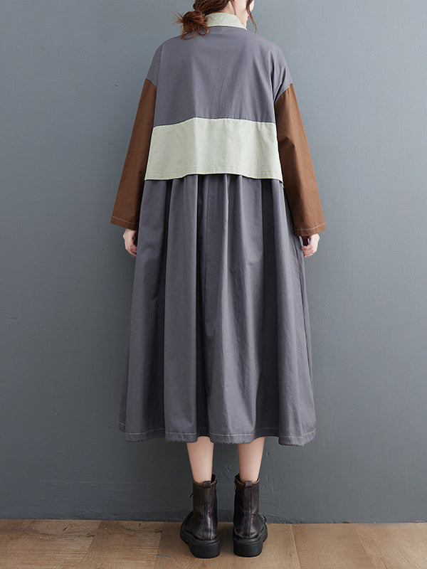 xakxx Vintage Loose Long Sleeves Contrast Color Polo Midi Dresses