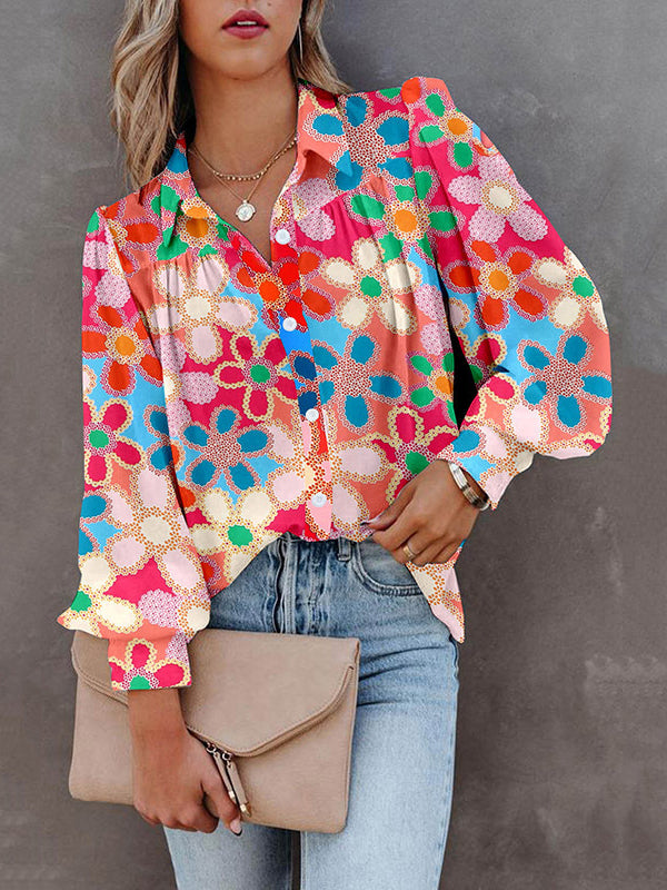 xakxx Bishop Sleeve Long Sleeves Buttoned Flower Print Lapel Blouses&Shirts Tops