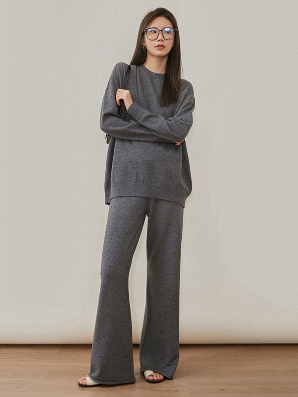 xakxx xakxx-Urban Loose Solid Round-Neck Vest Top& V-Neck Sweater Tops& Wide Leg Pants Three-Piece Set