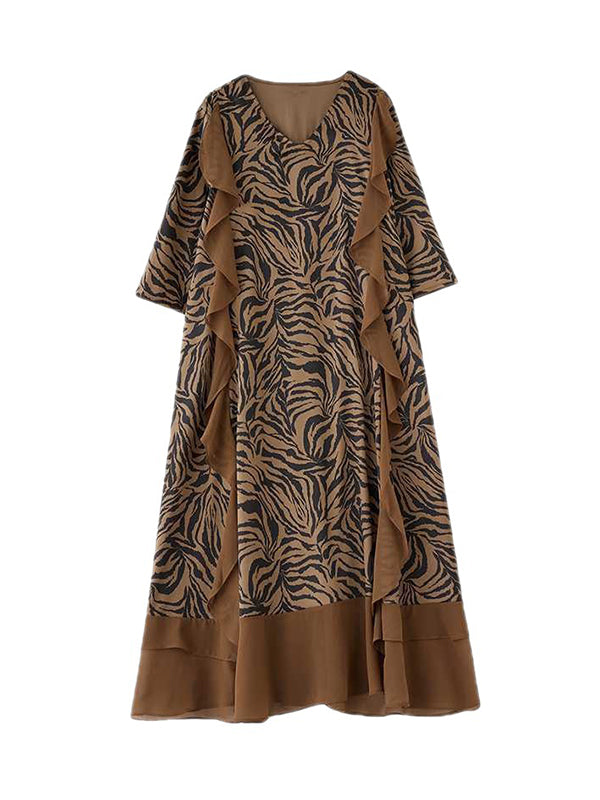 xakxx A-Line Batwing Sleeves Ruffled Split-Joint Zebra-Stripe V-Neck Midi Dresses