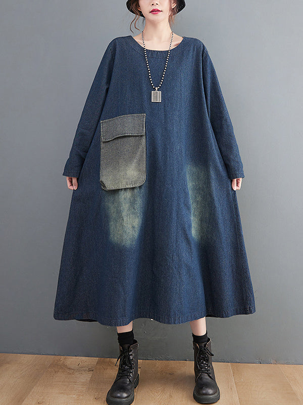 xakxx Artistic Retro Loose Denim Applique Round-Neck Long Sleeves Midi Dress