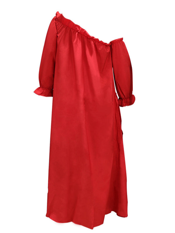 xakxx Loose Irregularity Falbala Solid Color Off-The-Shoulder Midi Dresses