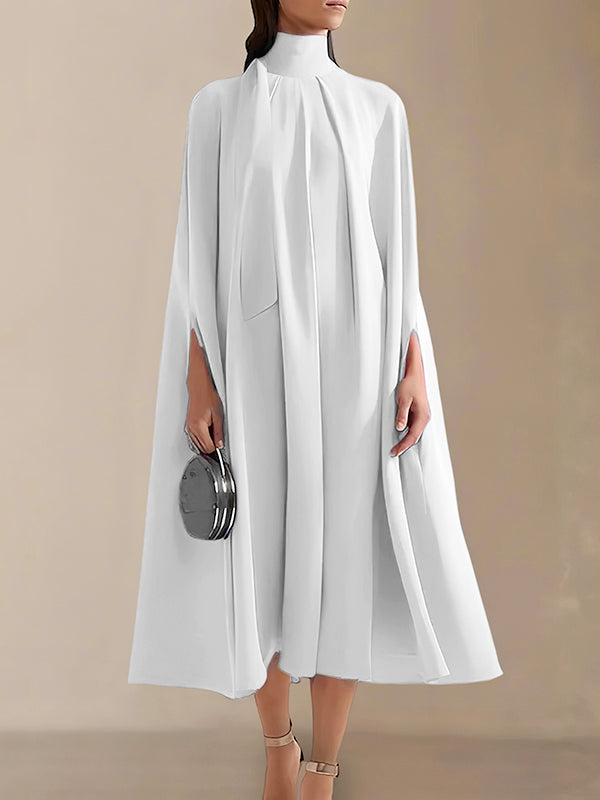 xakxx Simple Batwing Sleeves Lace-Up Solid Color High-Neck Midi Dresses