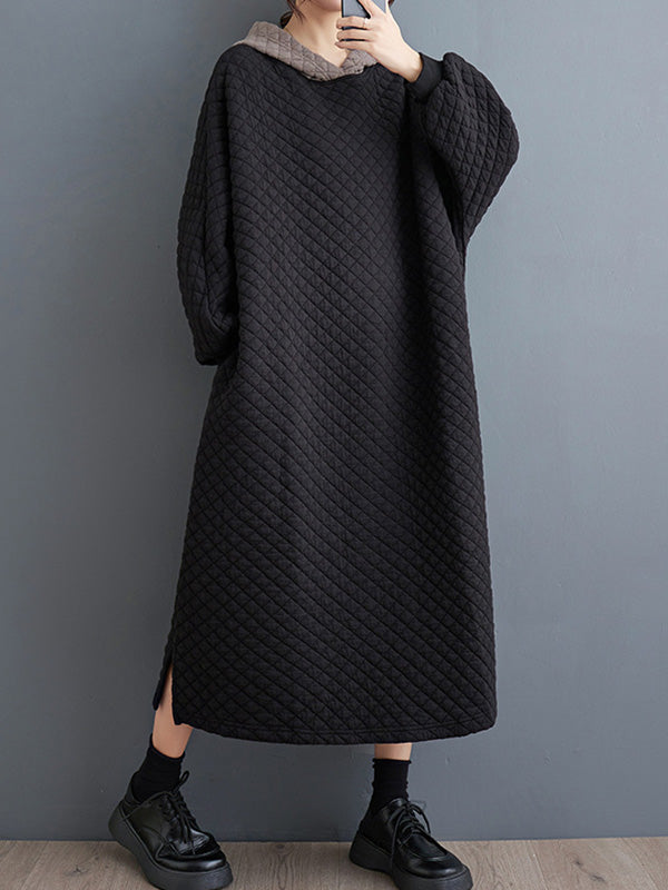 xakxx A-Line Long Sleeves Hooded Quilted Split-Side Midi Dresses