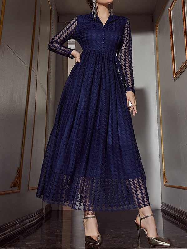 xakxx High Waisted Long Sleeves Buttoned Gauze See-Through Solid Color V-Neck Maxi Dresses