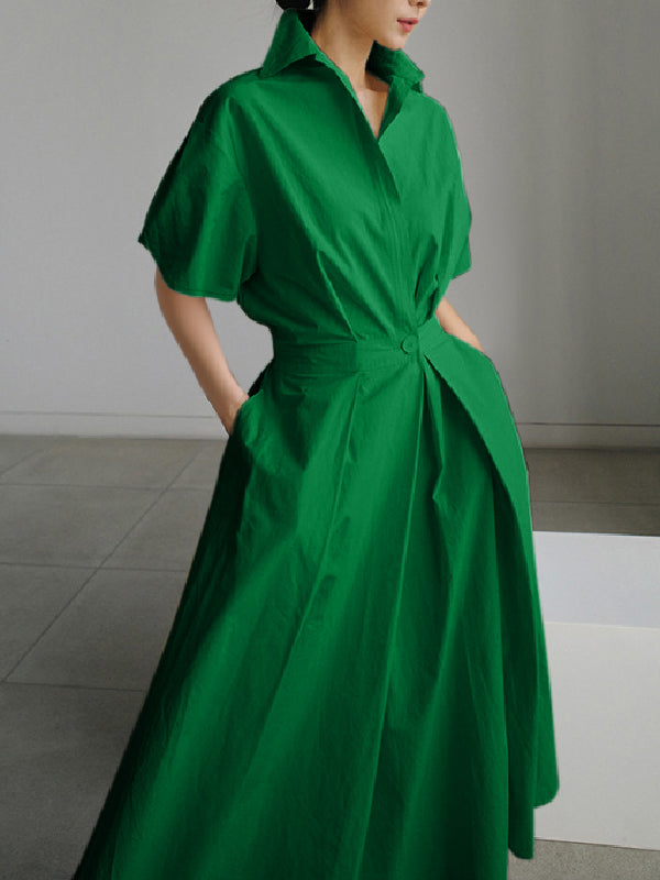 xakxx High Waisted Loose Pleated Solid Color V-Neck Midi Dresses