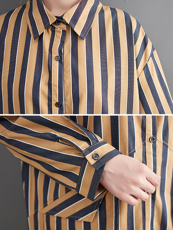 xakxx Original Loose Long Sleeves Buttoned Striped Lapel Collar Midi Shirt Dresses