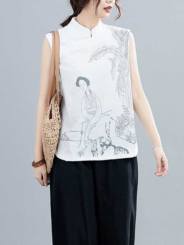 xakxx Artistic Retro Chinese-Style Printed Buttoned Stand Collar Sleeveless Vest