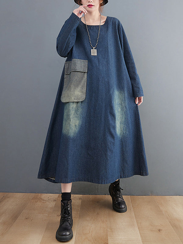 xakxx Artistic Retro Loose Denim Applique Round-Neck Long Sleeves Midi Dress