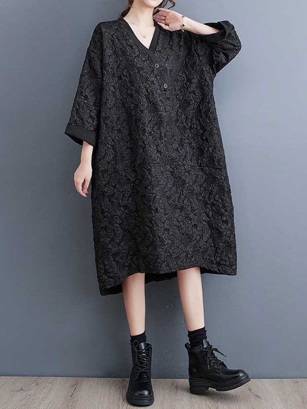 xakxx A-Line Half Sleeves Asymmetric Buttoned Jacquard V-Neck Midi Dresses