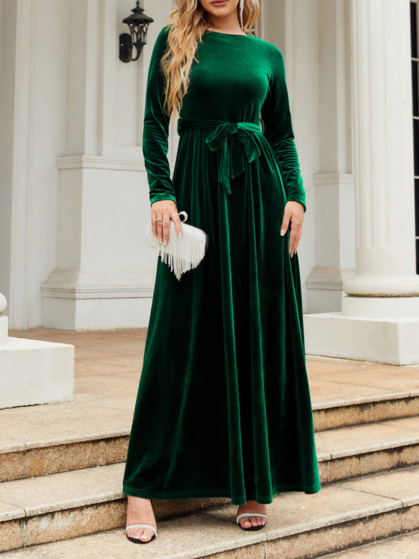 xakxx Long Sleeves Wrap Belted Pleated Solid Color Zipper Round-Neck Maxi Dresses
