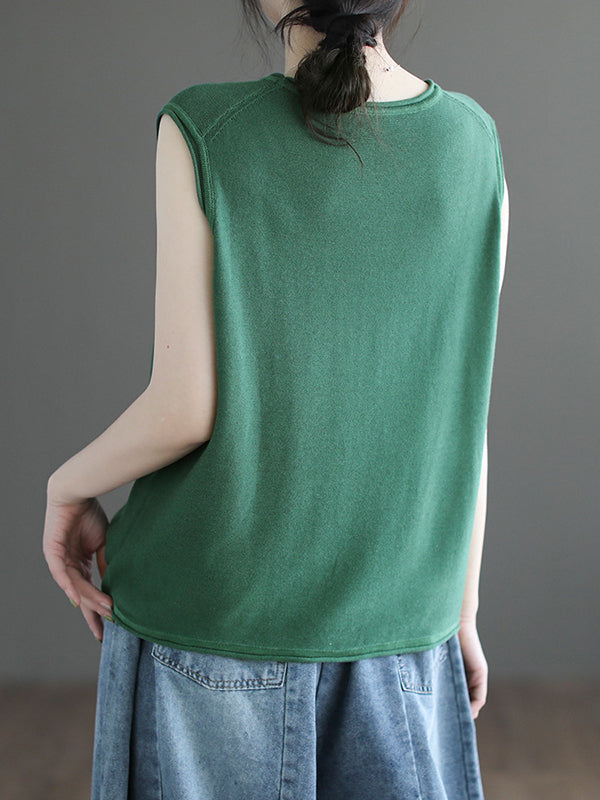 xakxx Loose Sleeveless Solid Color Round-Neck Knitting Vest Top
