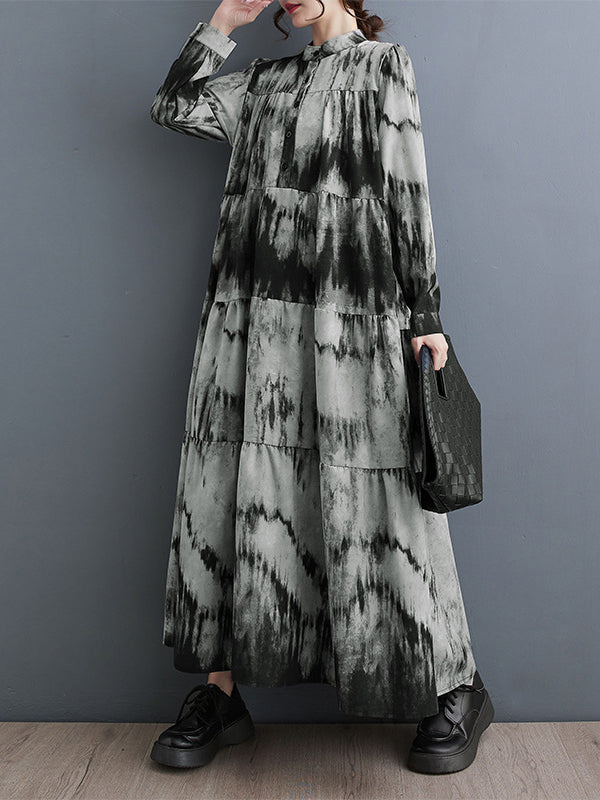 xakxx Long Sleeves Loose Pleated Split-Joint Tie-Dyed Stand Collar Midi Dresses