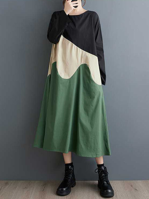 xakxx A-Line Long Sleeves Contrast Color Round-Neck Midi Dresses