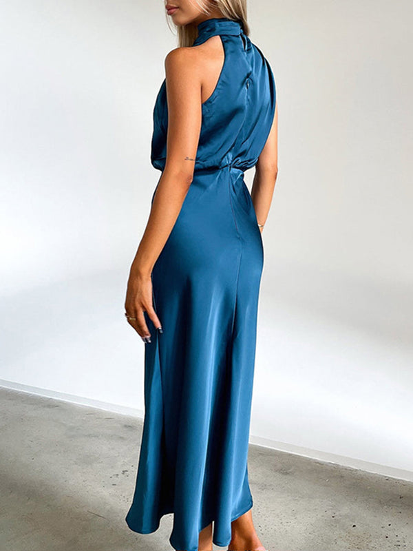 xakxx High Waisted Sleeveless Solid Color Halter-Neck Midi Dresses