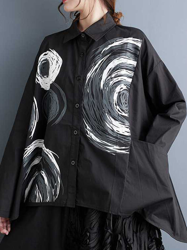 xakxx Long Sleeves Loose Asymmetric Printed Split-Joint Lapel Blouses