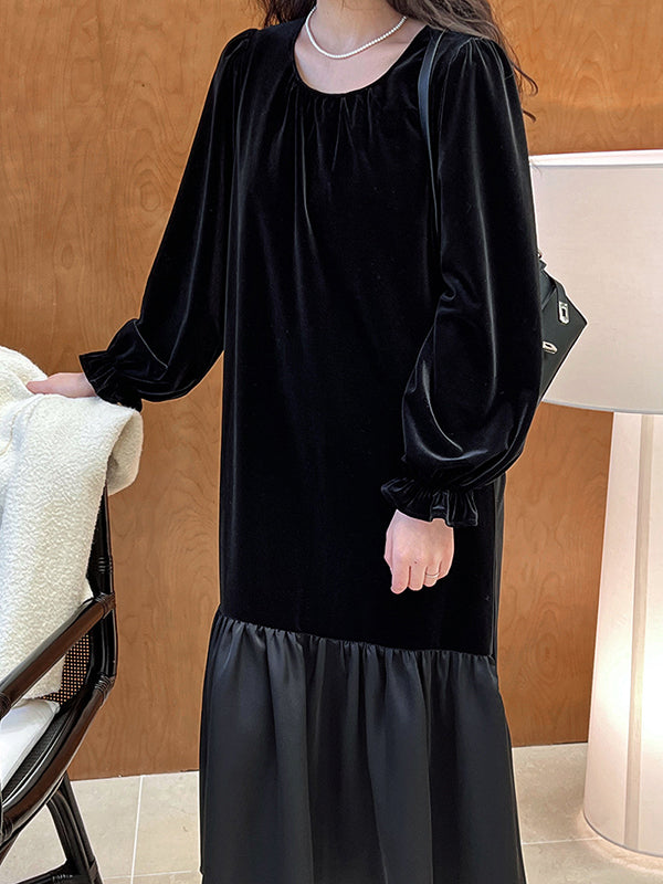 xakxx Flared Sleeves Long Sleeves Contrast Color Pleated Ruffled Split-Joint Velvet Round-Neck Midi Dresses