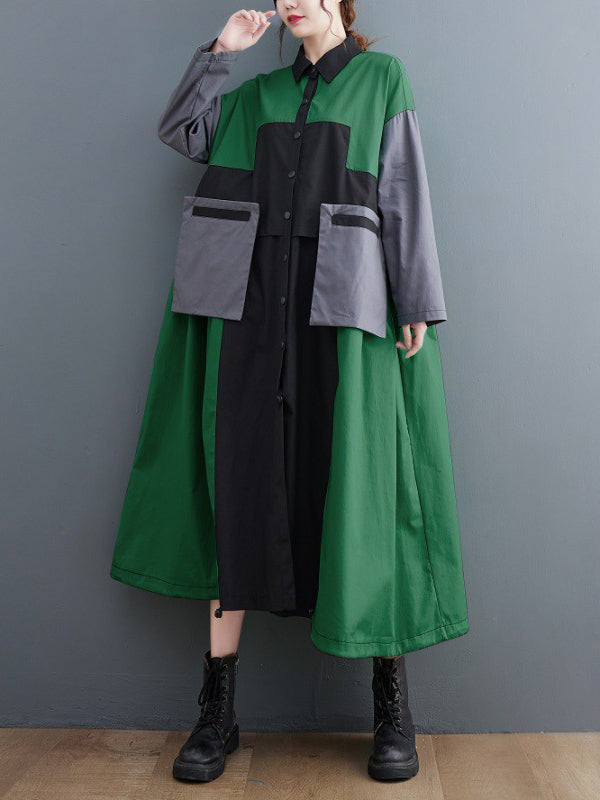 xakxx Vintage Loose Long Sleeves Contrast Color Polo Midi Dresses