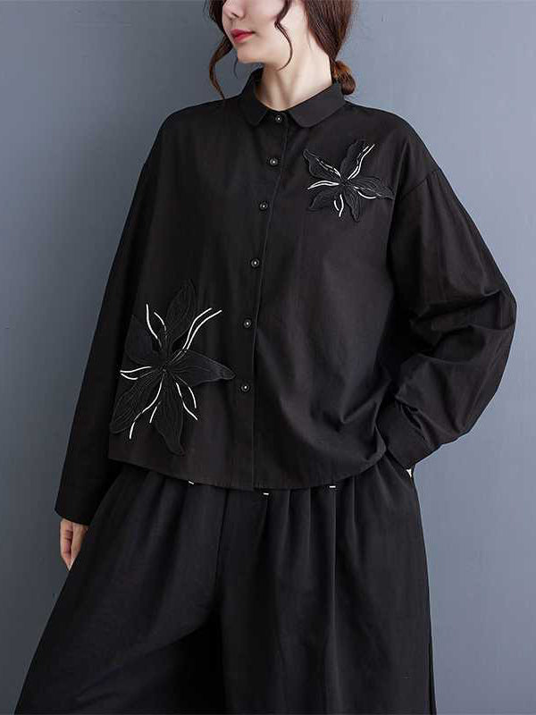xakxx Long Sleeves Loose Applique Buttoned Embroidered Lapel Blouses&Shirts Tops
