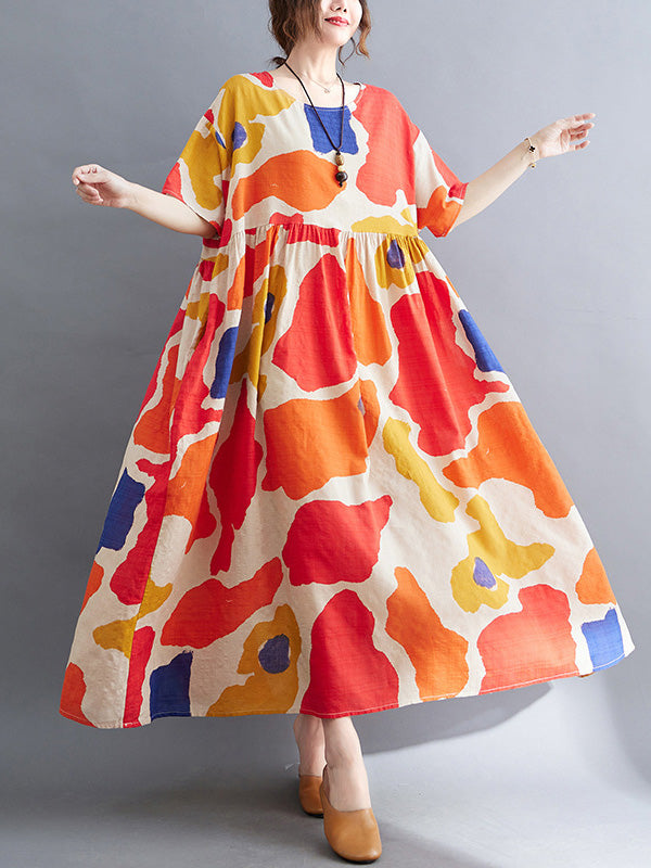 xakxx Artistic Retro Short Sleeves Loose Contrast Color Printed Round-Neck Midi Dresses