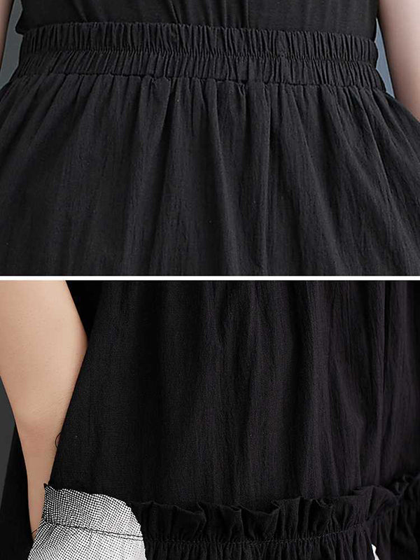 xakxx Loose Elasticity Pleated Pockets Polka Dot Printed Ruffled Split-Joint Skirts Bottoms