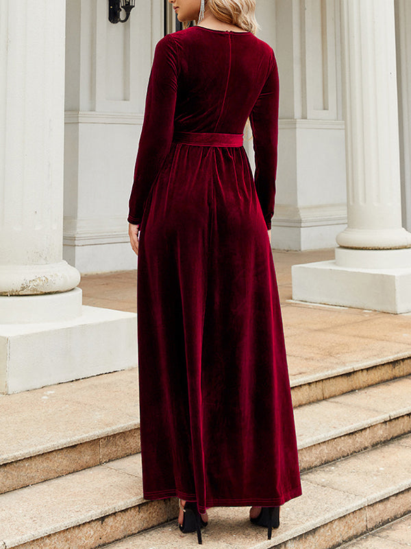 xakxx Long Sleeves Wrap Belted Pleated Solid Color Zipper Round-Neck Maxi Dresses