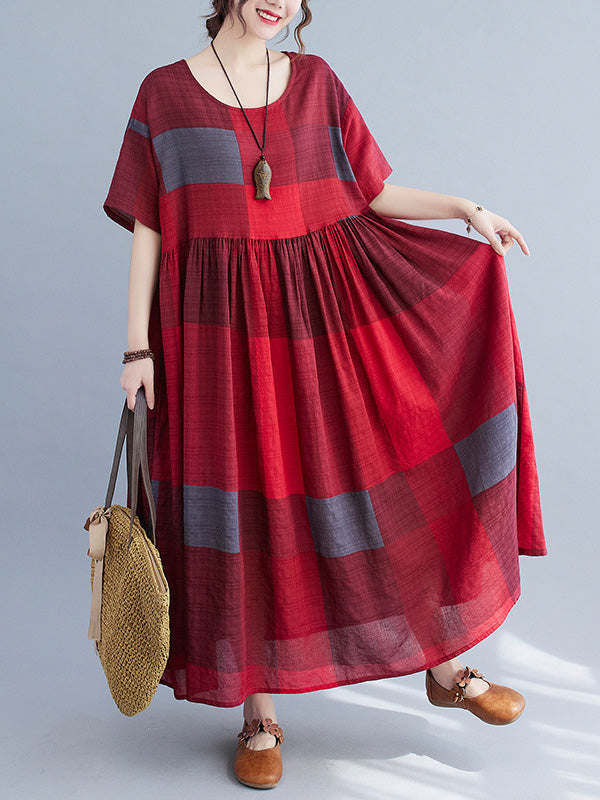 xakxx Artistic Retro Loose Color-Block Pleated Round-Neck Half Sleeves Midi Dress