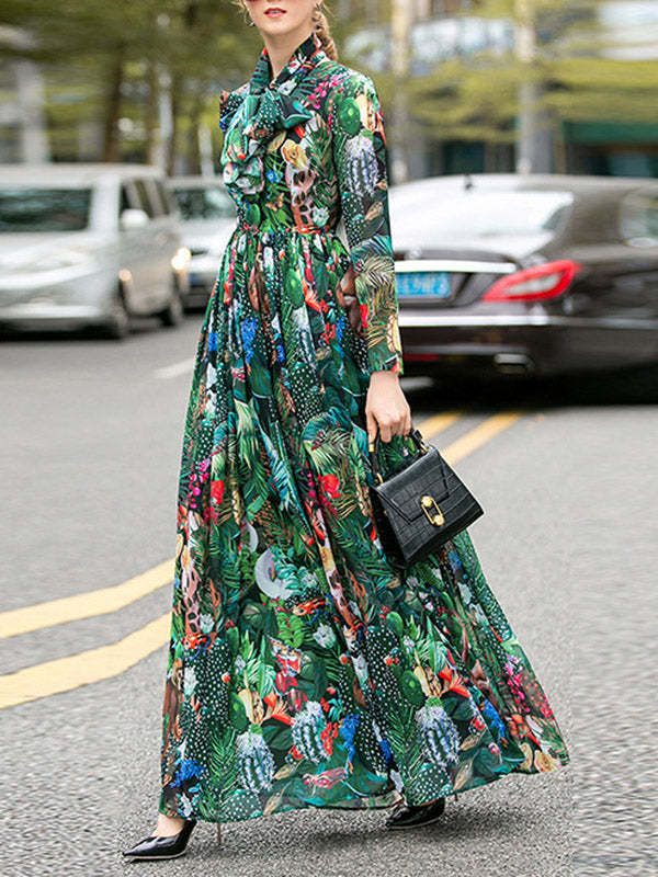 xakxx High Waisted Long Sleeves Bowknot Elasticity Flower Print Zipper Round-Neck Maxi Dresses