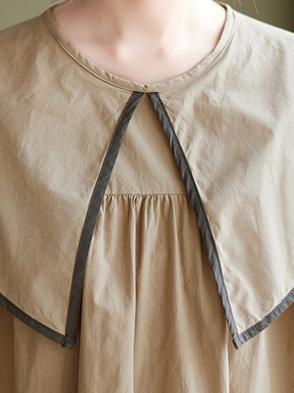 xakxx Loose Short Sleeves Pleated Split-Joint Peter Pan Collar Midi Dresses