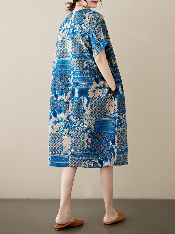 xakxx Original Loose Short Sleeves Contrast Color Printed Round-Neck Midi Dresses