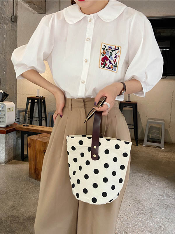 xakxx Vintage Canvas Polka-Dot Printed Makeup Tote Bag Bucket Bag