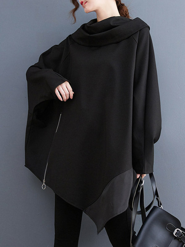 xakxx Long Sleeves Loose Asymmetric Split-Joint Zipper Heaps Collar Sweatshirt Tops