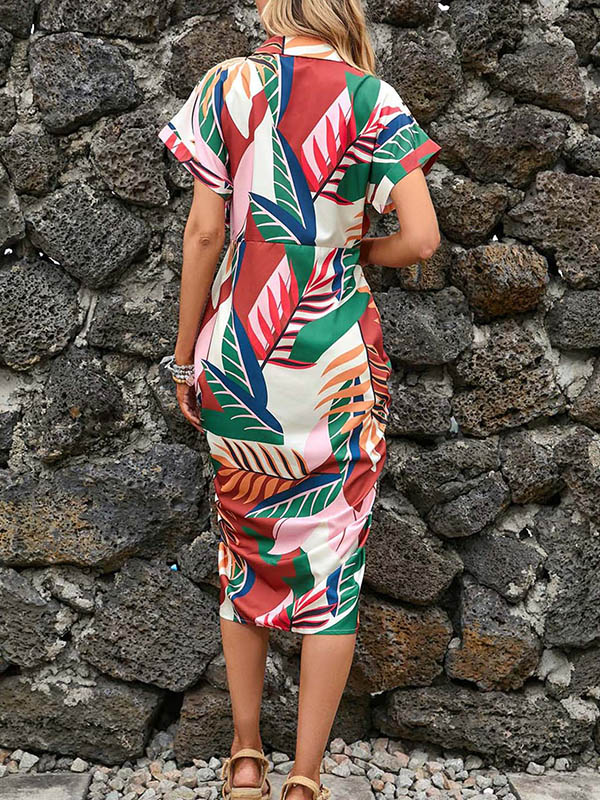 xakxx Raglan Sleeve Short Sleeves Buttoned Pleated Printed Tied Waist Lapel Midi Dresses Shirt Dress
