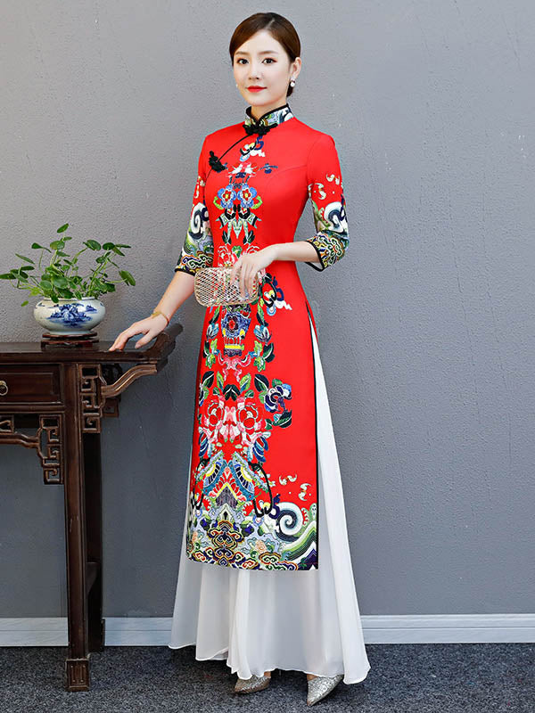 xakxx Red Split-Joint Seven-Quarter Sleeves Ao Dai Long Cheongsams