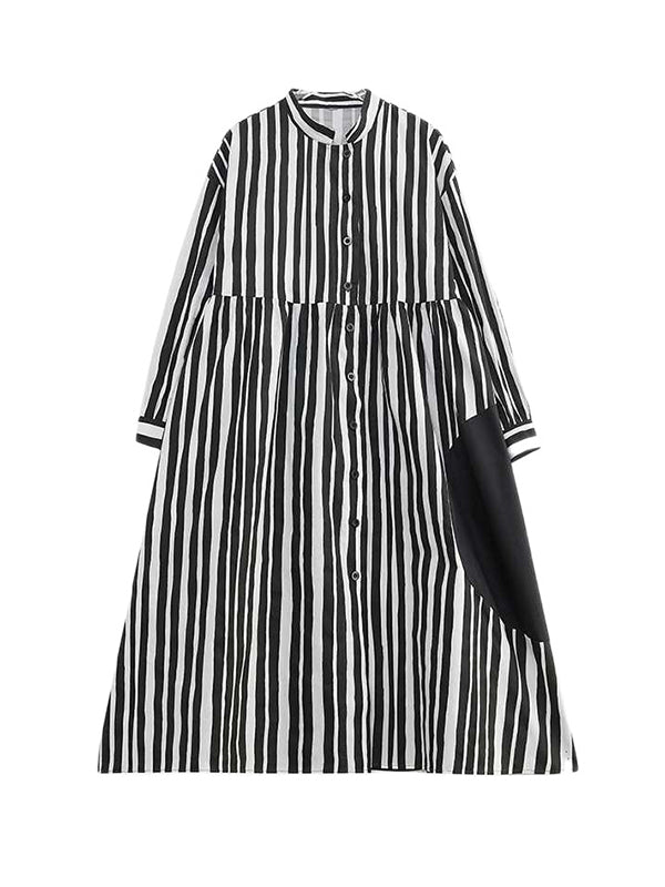 xakxx Long Sleeves Loose Buttoned Split-Joint Striped Mock Neck Midi Dresses
