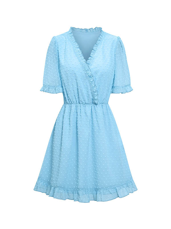 xakxx A-Line Loose Jacquard Ruffled Solid Color V-Neck Mini Dresses