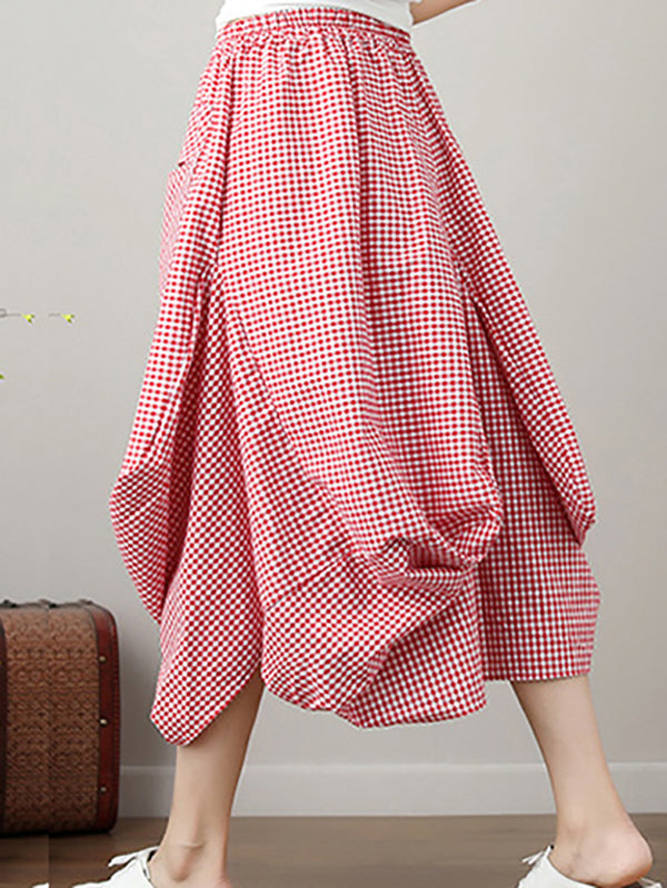 xakxx Artistic Retro Ramie Cotton Plaid Loose Irregular Elasticity Skirt