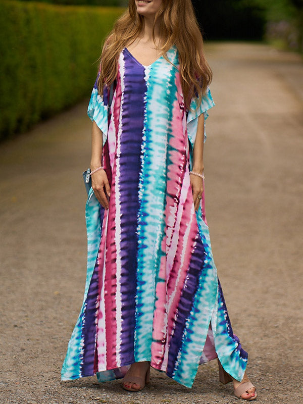 xakxx Batwing Sleeves Loose Contrast Color Printed Split-Side V-Neck Beach Cover-Up Maxi Dresses