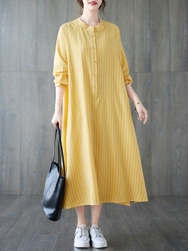 xakxx Long Sleeves Loose Buttoned Split-Side Striped Round-Neck Midi Dresses Shirt Dress