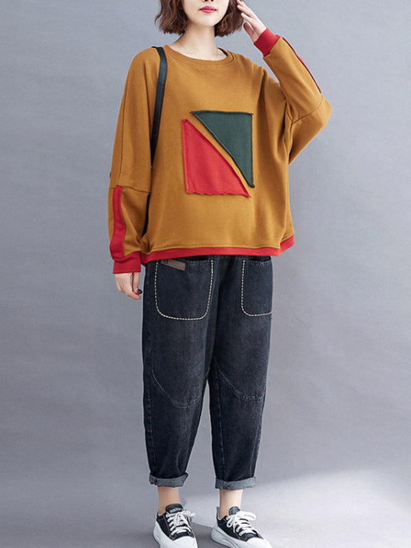xakxx Artistic Retro Loose Triangle Applique Contrast Color Round-Neck Long Raglan Sleeves Sweatshirt