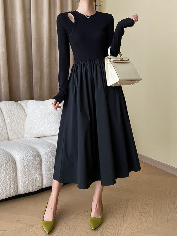 xakxx A-Line Long Sleeves Elasticity Hollow Solid Color Split-Joint Round-Neck Midi Dresses