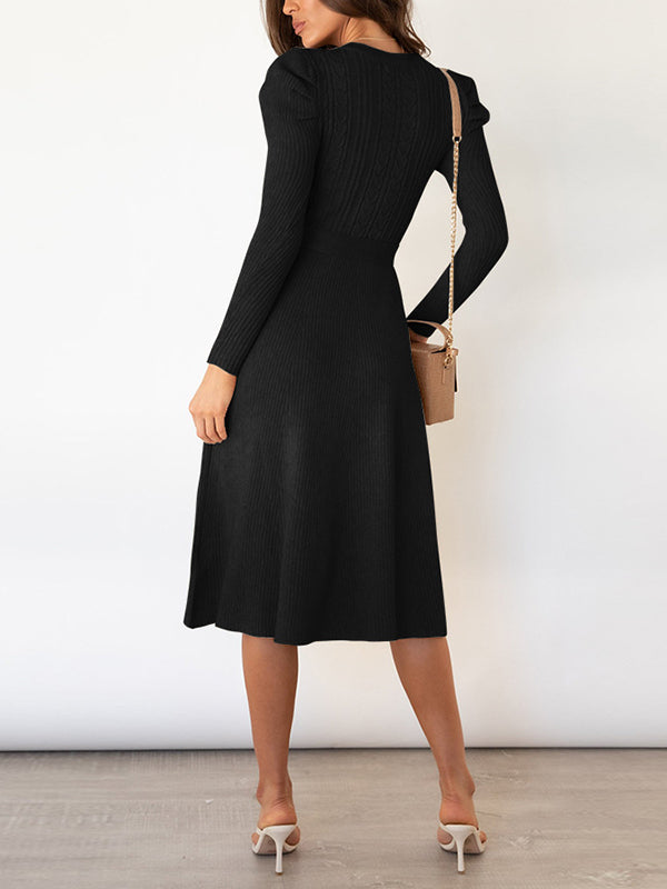 xakxx High Waisted Long Sleeves Solid Color Tied Waist Round-Neck Midi Dresses Sweater Dresses