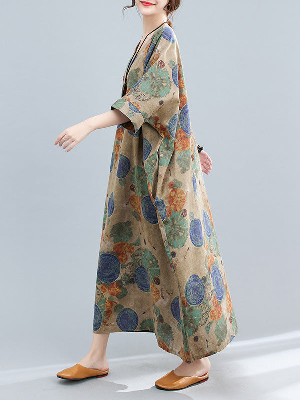 xakxx Casual Half Sleeves Loose Floral Printed Contrast Color Polka-Dot Round-Neck Midi Dresses