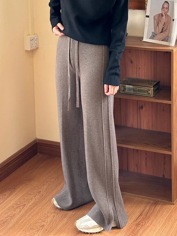 xakxx High Waisted Loose Drawstring Solid Color Split-Side Velvet Pants Trousers
