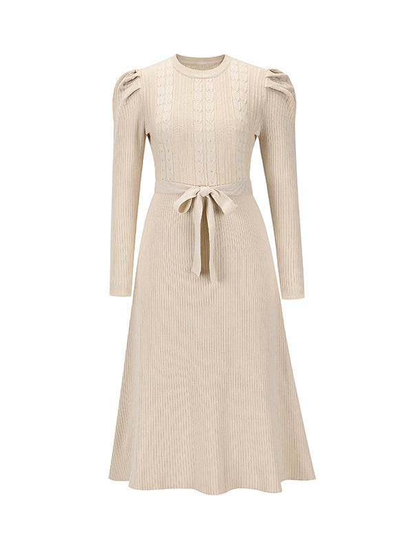 xakxx High Waisted Long Sleeves Solid Color Tied Waist Round-Neck Midi Dresses Sweater Dresses