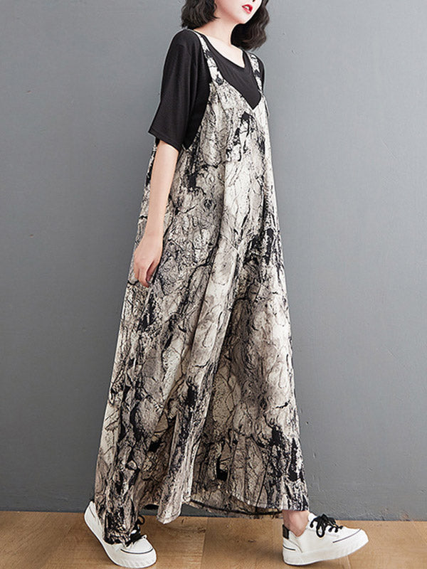 xakxx Vintage Printed Loose Wide Leg Overalls