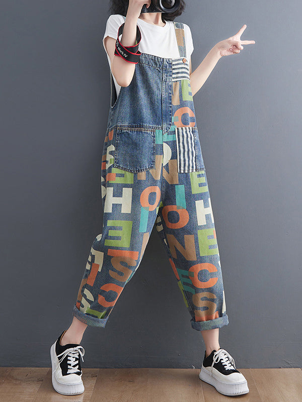 xakxx High Waisted Loose Asymmetric Buttoned Letter Print Pockets Split-Joint Striped Overalls