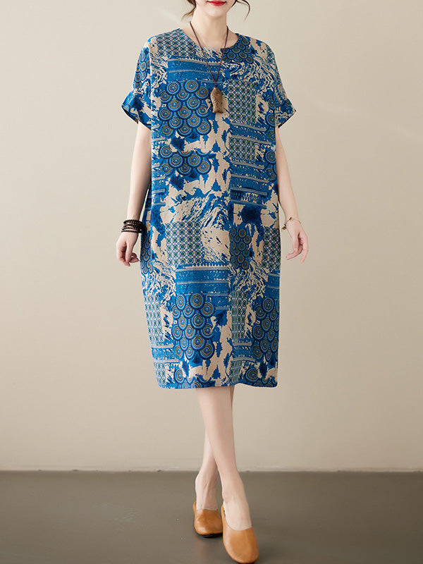 xakxx Original Loose Short Sleeves Contrast Color Printed Round-Neck Midi Dresses