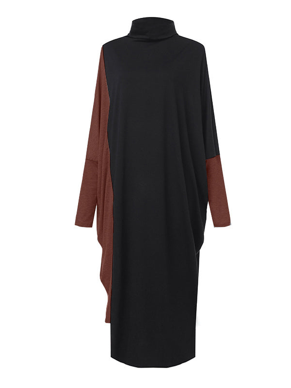 xakxx Casual Loose Split-Joint Contrast Color High-Neck Long Sleeves Dress