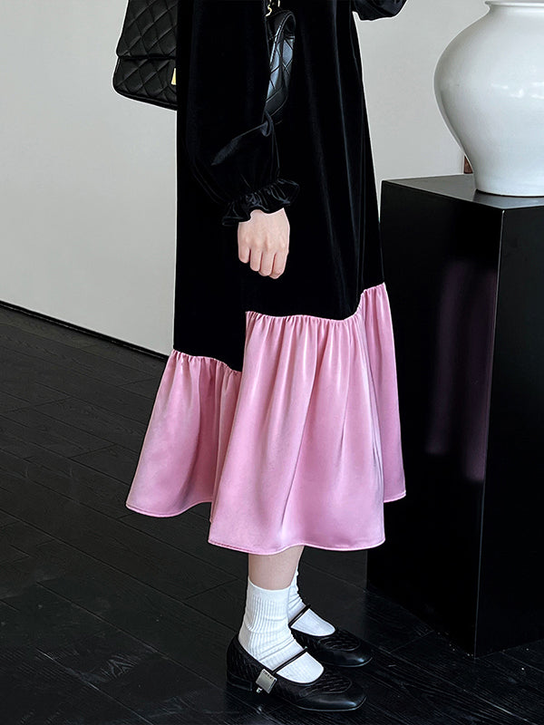 xakxx Flared Sleeves Long Sleeves Contrast Color Pleated Ruffled Split-Joint Velvet Round-Neck Midi Dresses